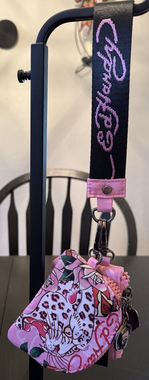 NWT Ed Hardy Pink Nylon Coin Purse And Wristlet Keychain Set